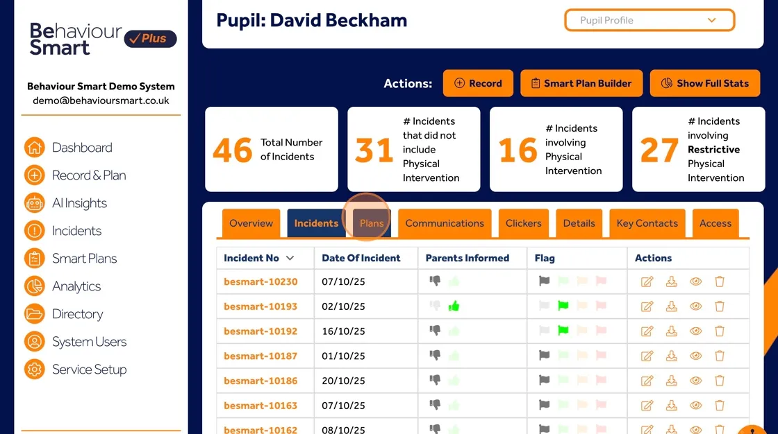 Behaviour Smart profile Smart Plans tab showing existing support plans for the individual.