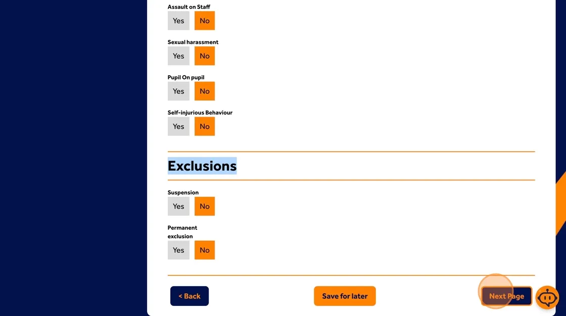 Behaviour Smart incident form section asking about suspensions or permanent exclusions related to the incident.