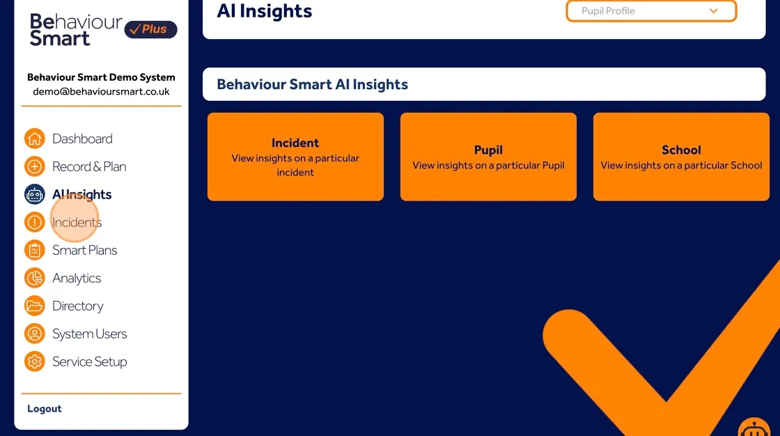 Behaviour Smart Incidents tab showing the full list of behaviour incidents across the service.