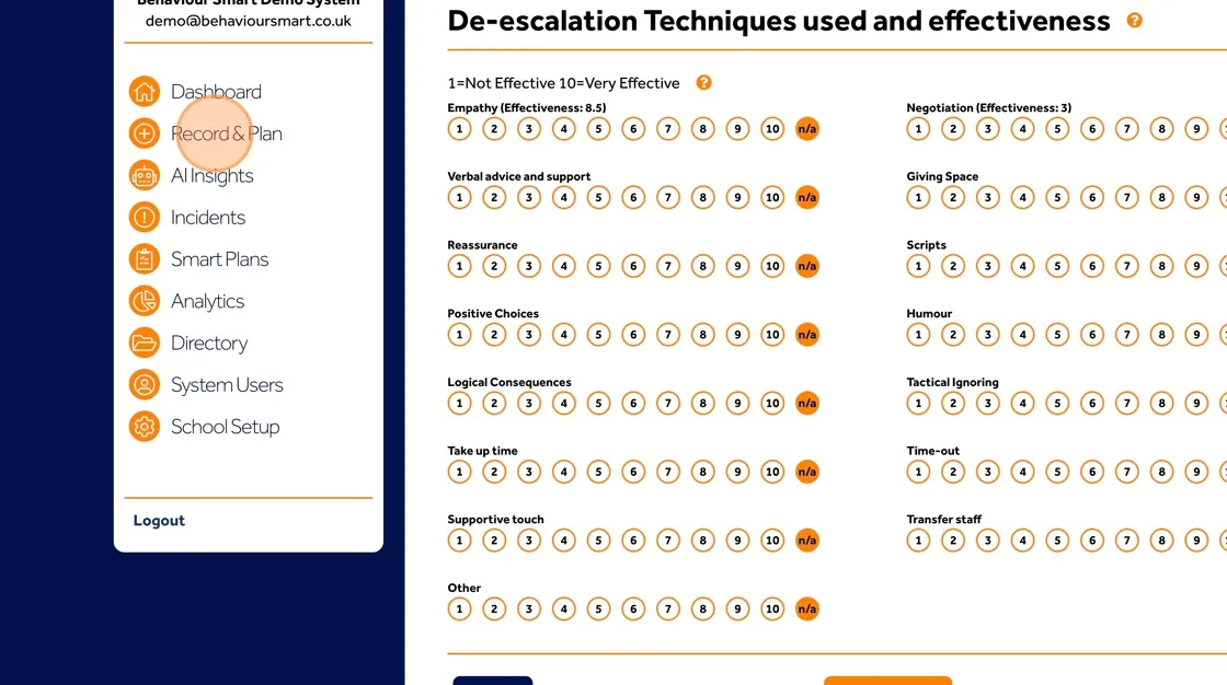 Behaviour Smart physical intervention form section for recording de-escalation strategies used by staff.