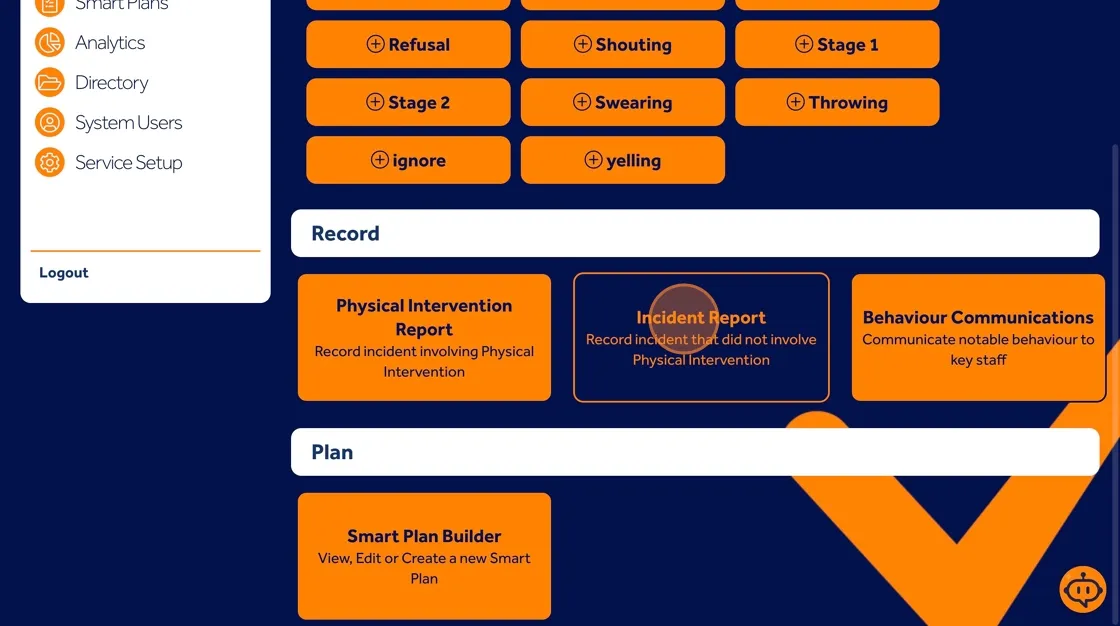 Behaviour Smart incident report screen with options to select the appropriate incident template.