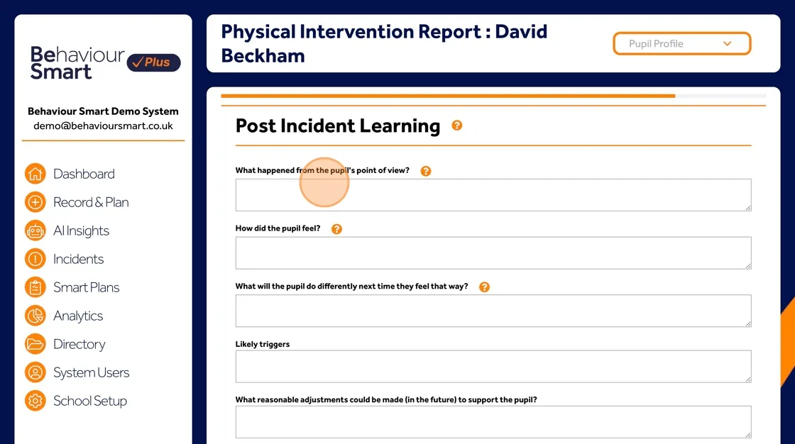 Behaviour Smart physical intervention form section for post-incident learning and reflective practice.