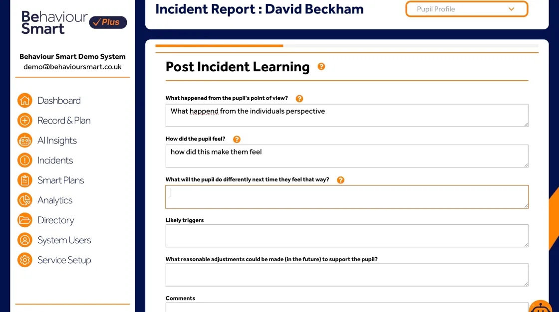 Behaviour Smart post-incident learning field asking how the individual felt during or after the incident.