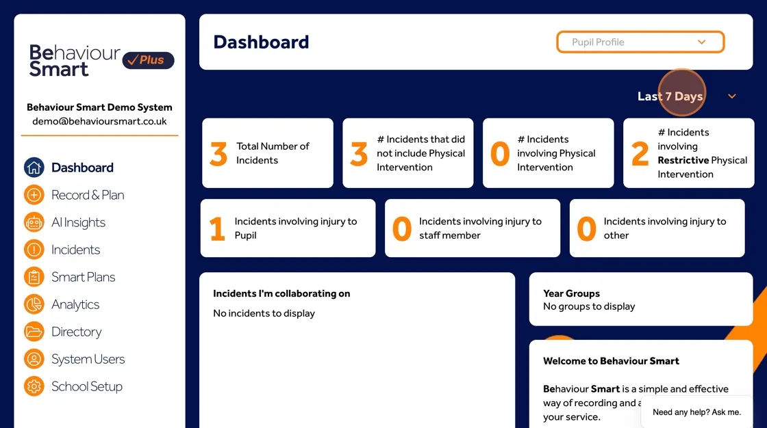 Behaviour Smart dashboard filters allowing staff to view incidents from the last 7 days, 30 days or a custom date range.