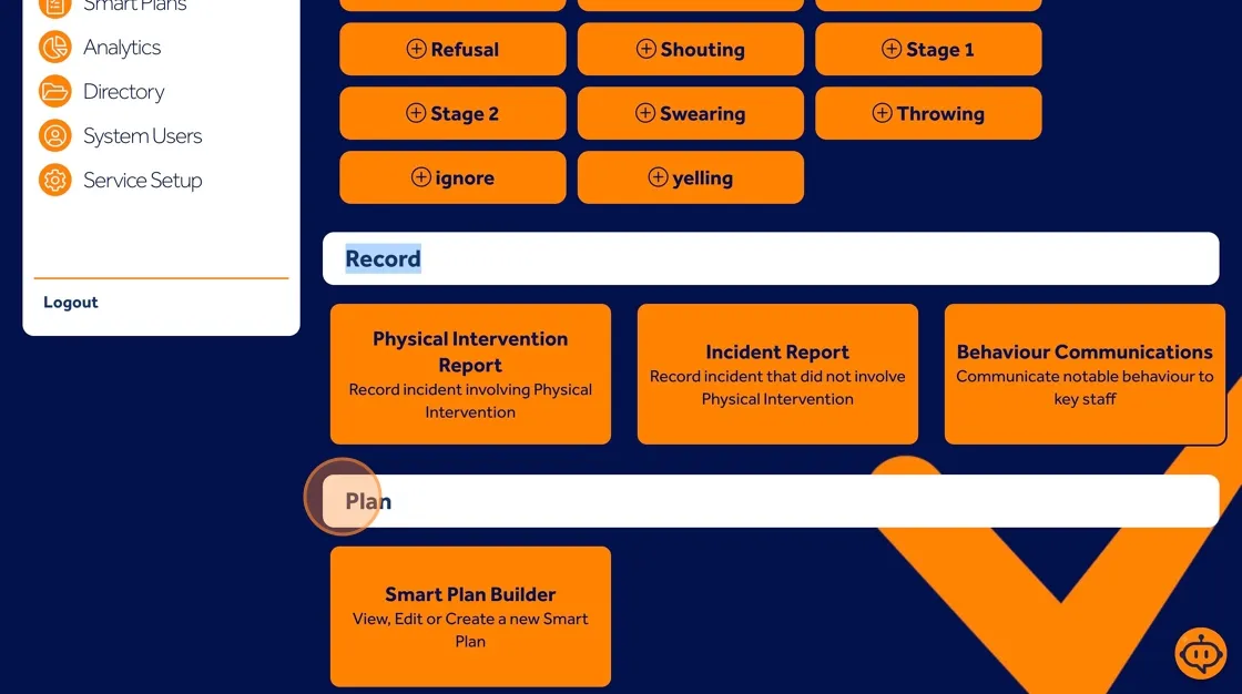Behaviour Smart menu highlighting the Smart Plan Builder option to create or update a behaviour support plan.