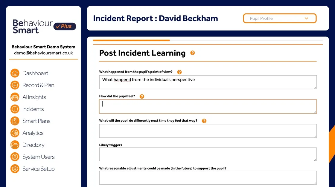 Behaviour Smart post-incident learning field asking what happened from the individual’s perspective.