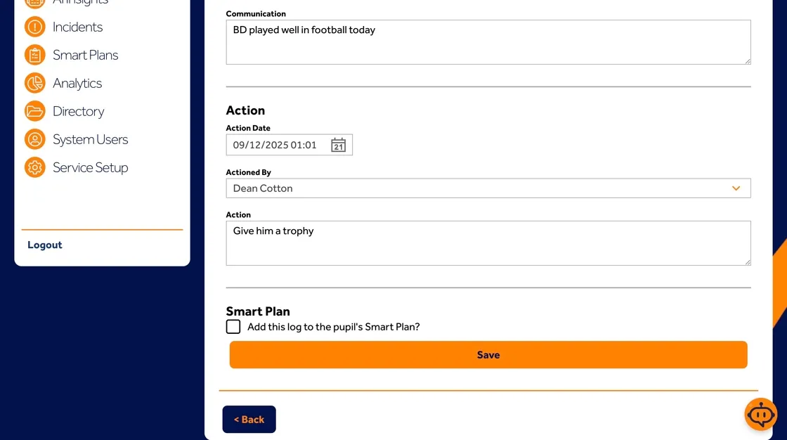 Behaviour Smart Behaviour Communications view showing how key staff are notified about a behaviour message.