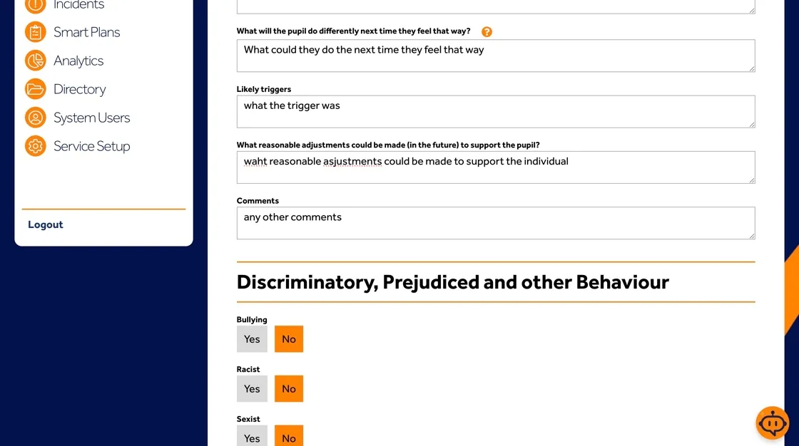 Behaviour Smart post-incident learning section for reasonable adjustments and additional staff comments.