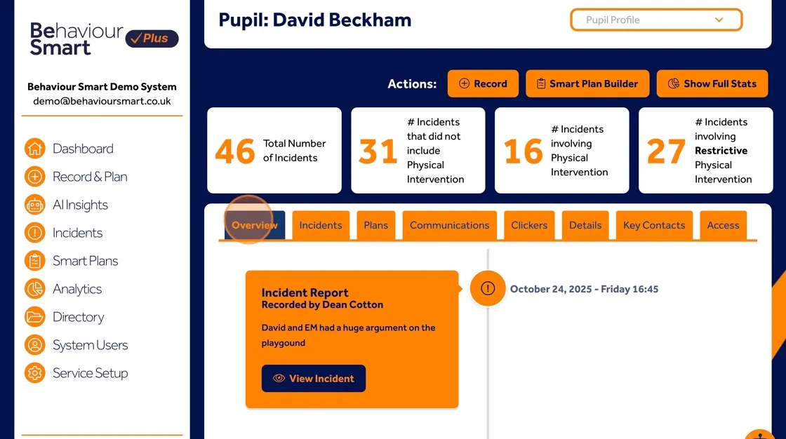 Behaviour Smart individual profile overview showing recent incidents and key behaviour information.