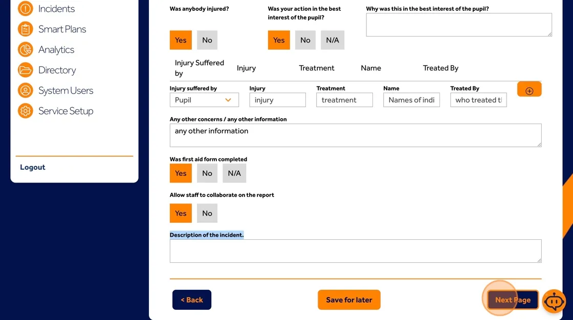 Behaviour Smart incident report screen showing the Next Page button to move to post-incident learning.