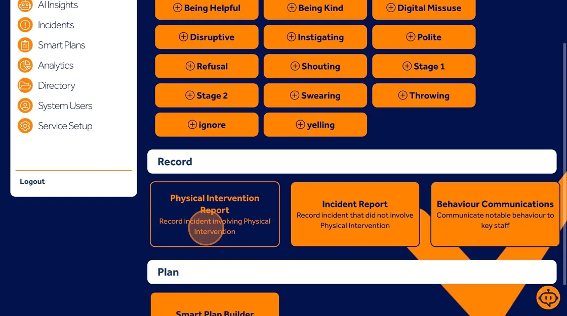 Behaviour Smart physical intervention incident form for recording detailed information about the event.