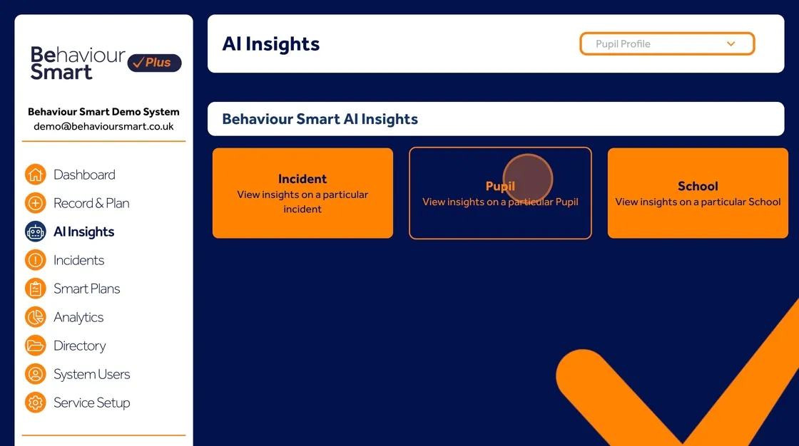 Behaviour Smart AI Support screen showing behaviour support tools available for an individual profile.