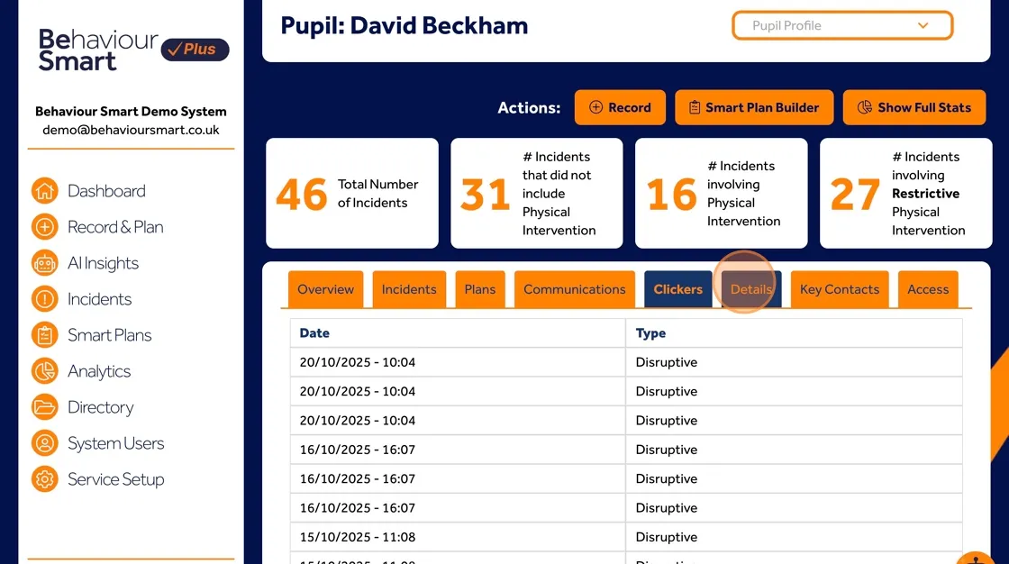 Behaviour Smart profile Details tab with essential information about the pupil or young person.