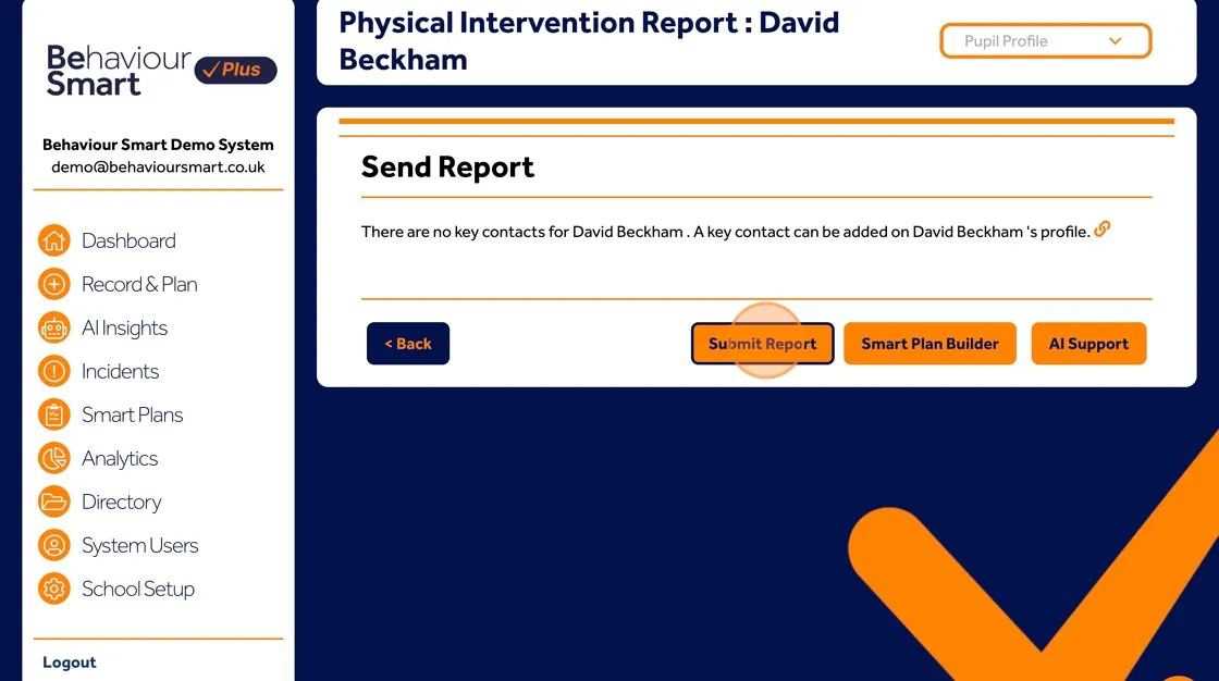 Behaviour Smart physical intervention incident screen showing the option to submit and complete the report.