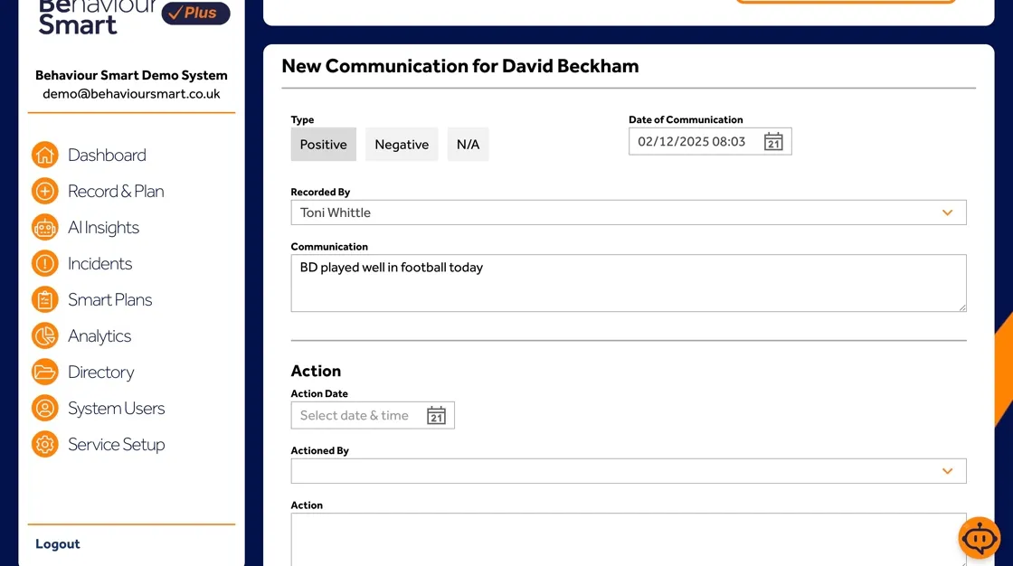 Behaviour Smart Behaviour Communications message box ready for staff to type a clear, factual update.