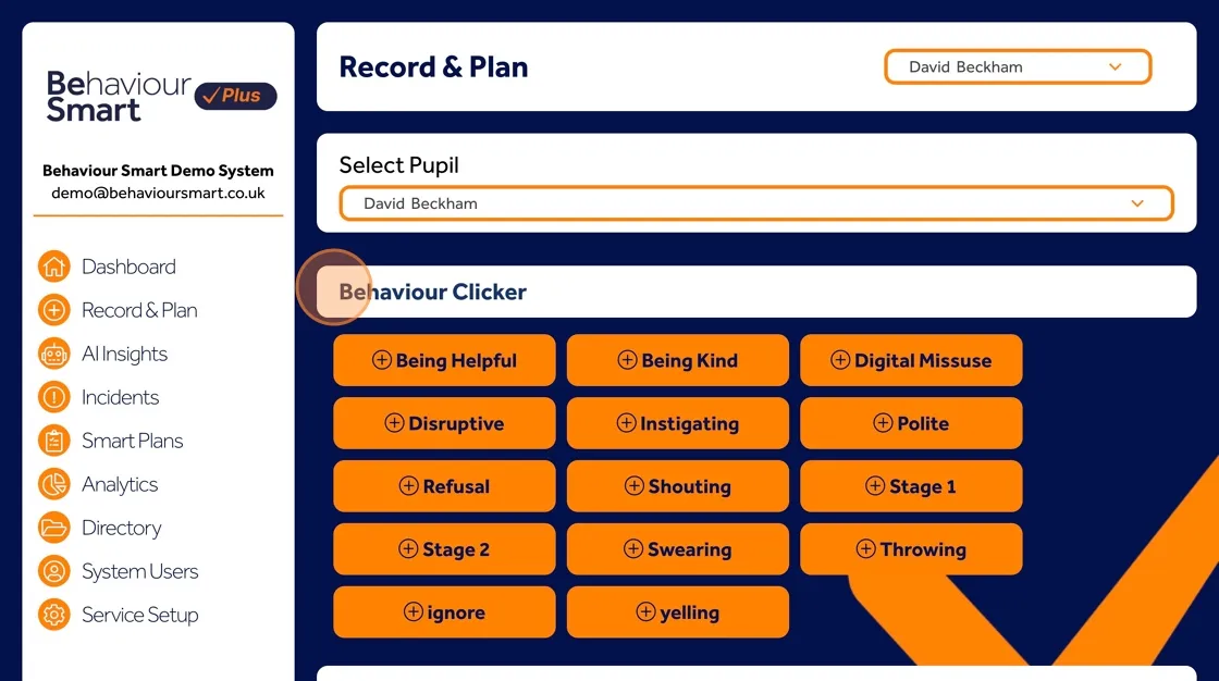 Behaviour Smart Behaviour Clicker screen showing a list of behaviours staff can quickly select and record.