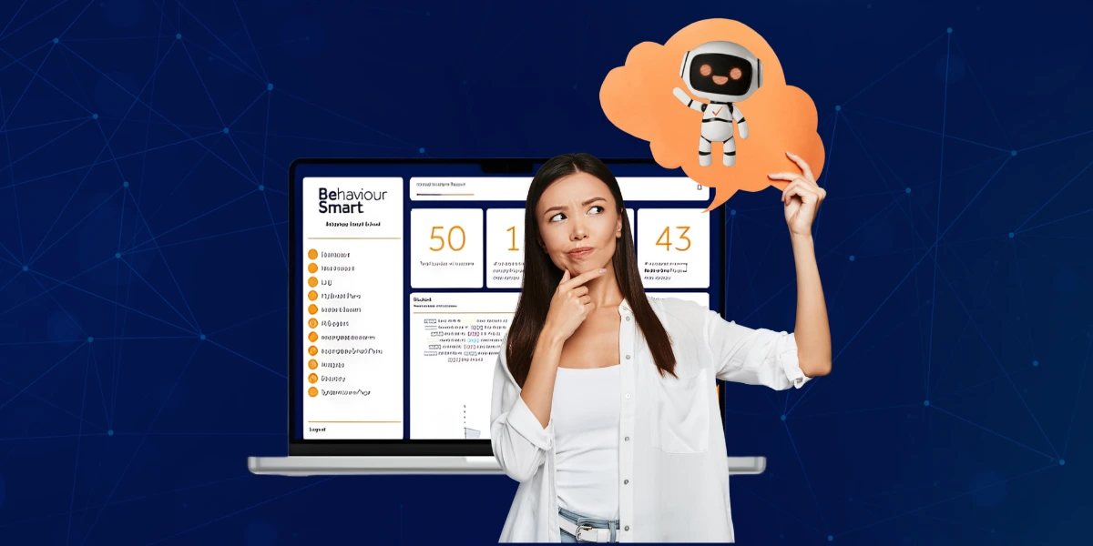 Behaviour Smart dashboard with AI assistant, showing a woman planning next steps while a robot waves hello, representing AI-powered behaviour management insights. Behaviour Smart dashboard with AI assistant, showing a woman planning next steps while a robot waves hello, representing AI-powered behaviour management insights.