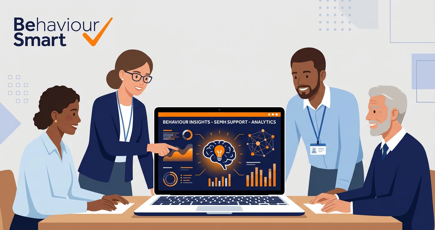 A vector illustration of a teacher using a digital tablet to view trauma-informed data dashboards and heart icons, featuring the title "Why Incident Recording Matters So Much for SEN & SEMH" in Behaviour Smart brand colors.