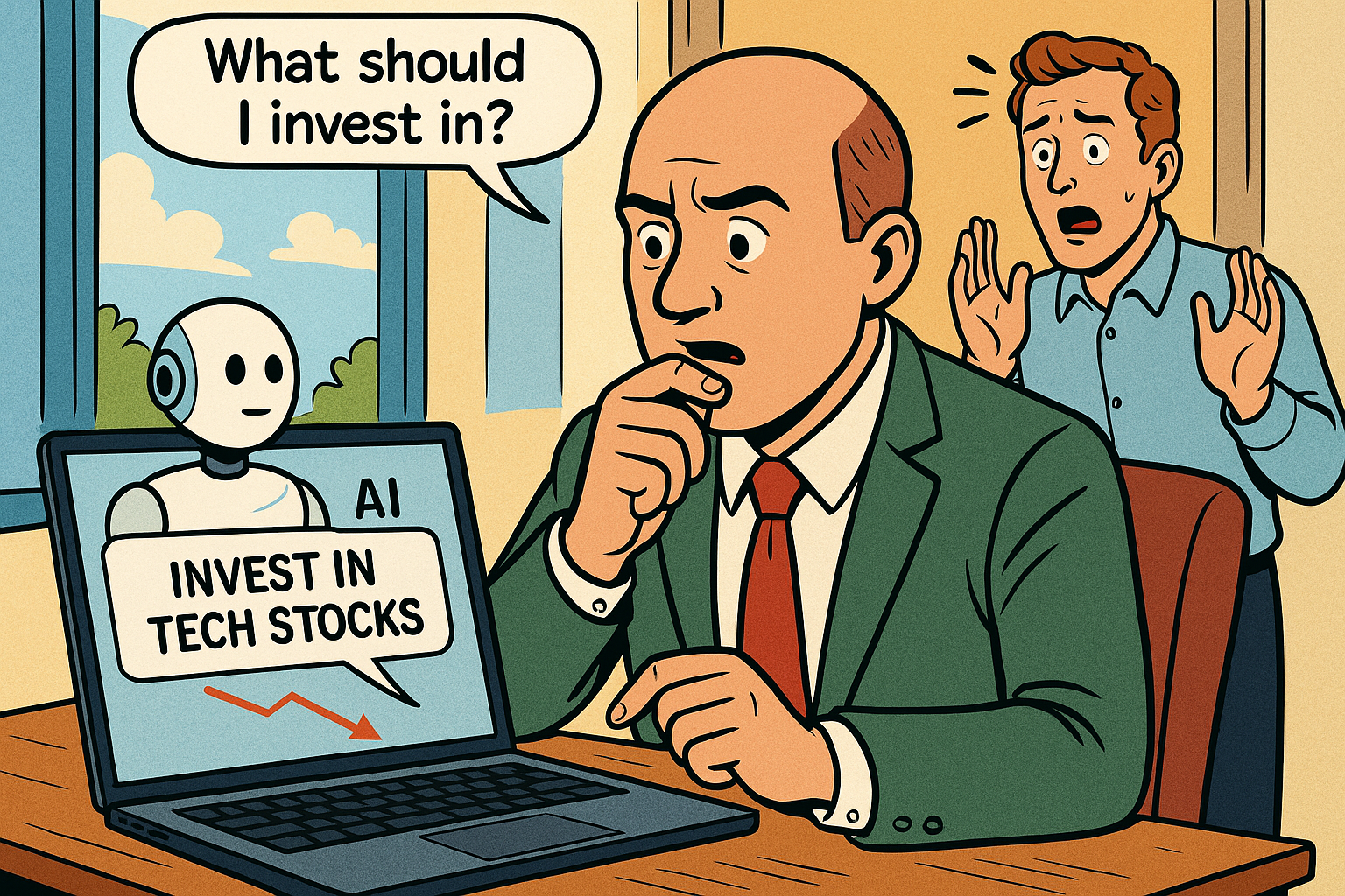 Business owner buying stock on AI's advice while CFO is alarmed at the purchase