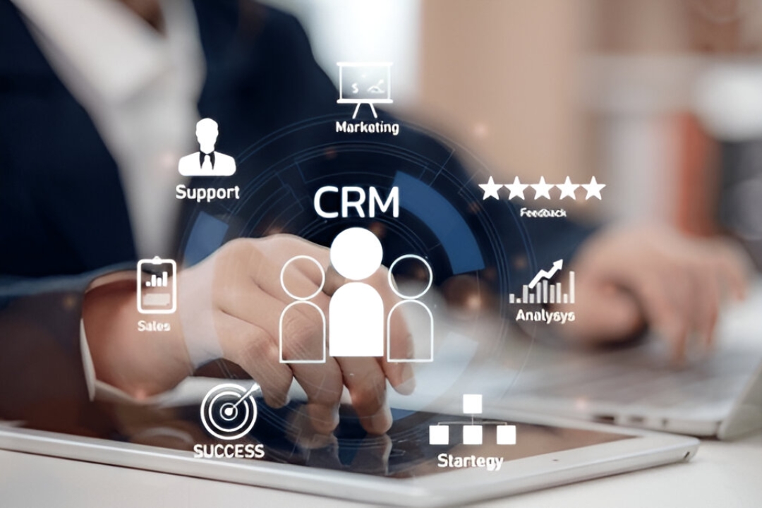 hands working on a tablet with a CRM interface and icons for support, marketing, feedback, analysis, strategy, sales, and success, illustrating automating investor follow-up by AMPLIFIREI. hands working on a tablet with a CRM interface and icons for support, marketing, feedback, analysis, strategy, sales, and success, illustrating automating investor follow-up by AMPLIFIREI.