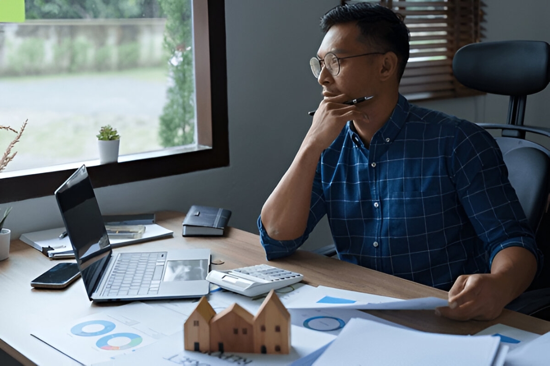  A professional works on a laptop with a digital overlay of real estate data, illustrating AMPLIFIREI's process for creating a real estate marketing plan.