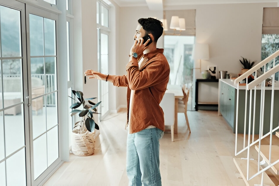 A businessman talks on his phone while looking at a property, illustrating call tracking benefits for REI offered by AMPLIFIREI. A businessman talks on his phone while looking at a property, illustrating call tracking benefits for REI offered by AMPLIFIREI.