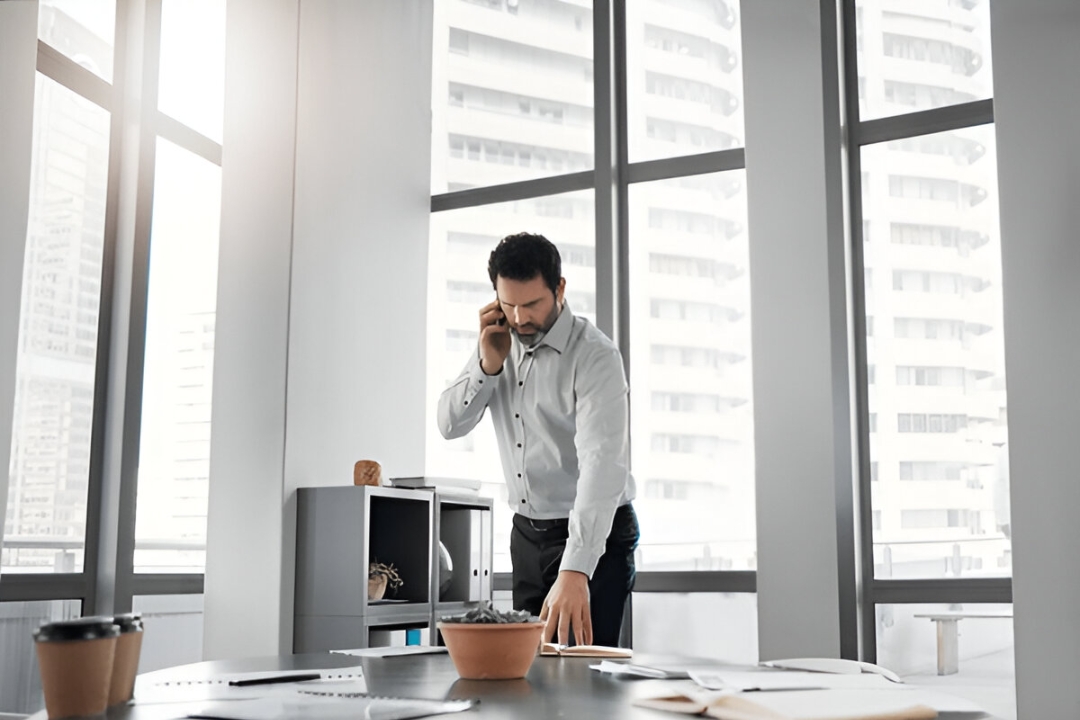 A business professional on a call in a modern office, highlighting call tracking benefits for REI, a service provided by AMPLIFIREI. A business professional on a call in a modern office, highlighting call tracking benefits for REI, a service provided by AMPLIFIREI.