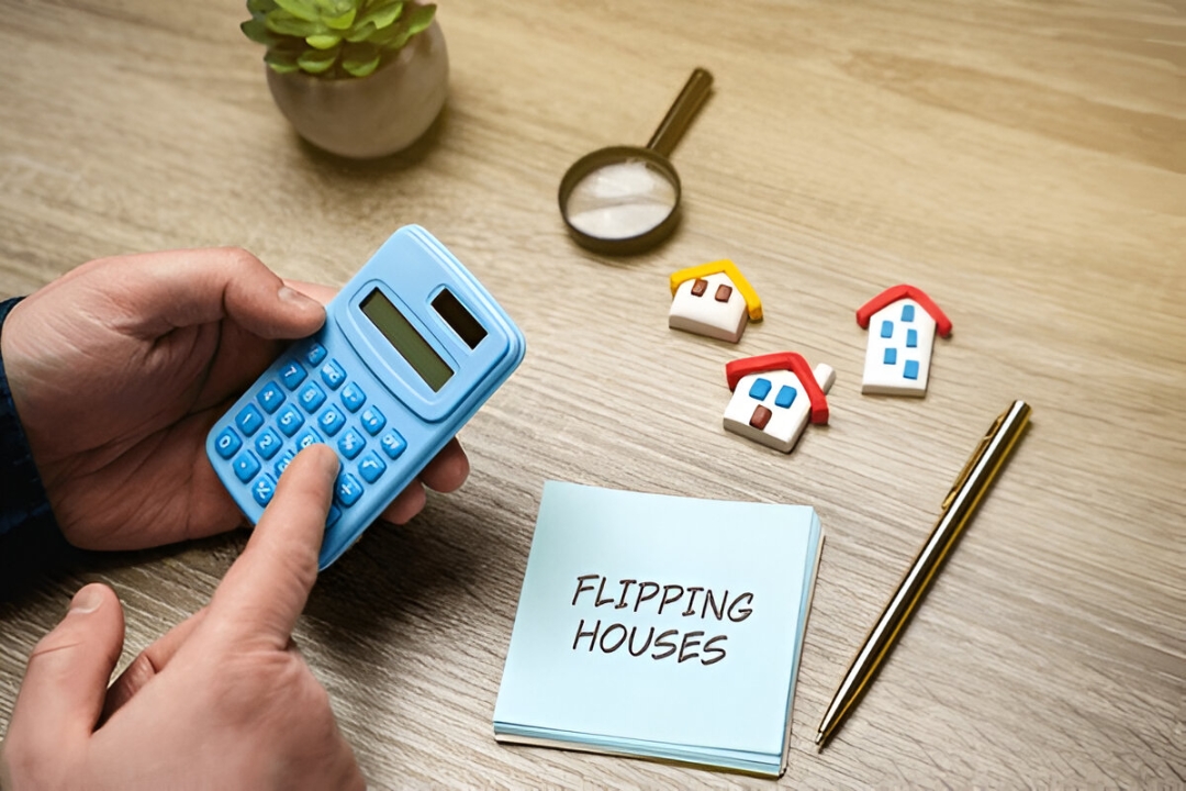  Hand with a calculator, a notepad labeled "Flipping Houses," and three toy houses, showing AMPLIFIREI's digital marketing tips for property flippers.