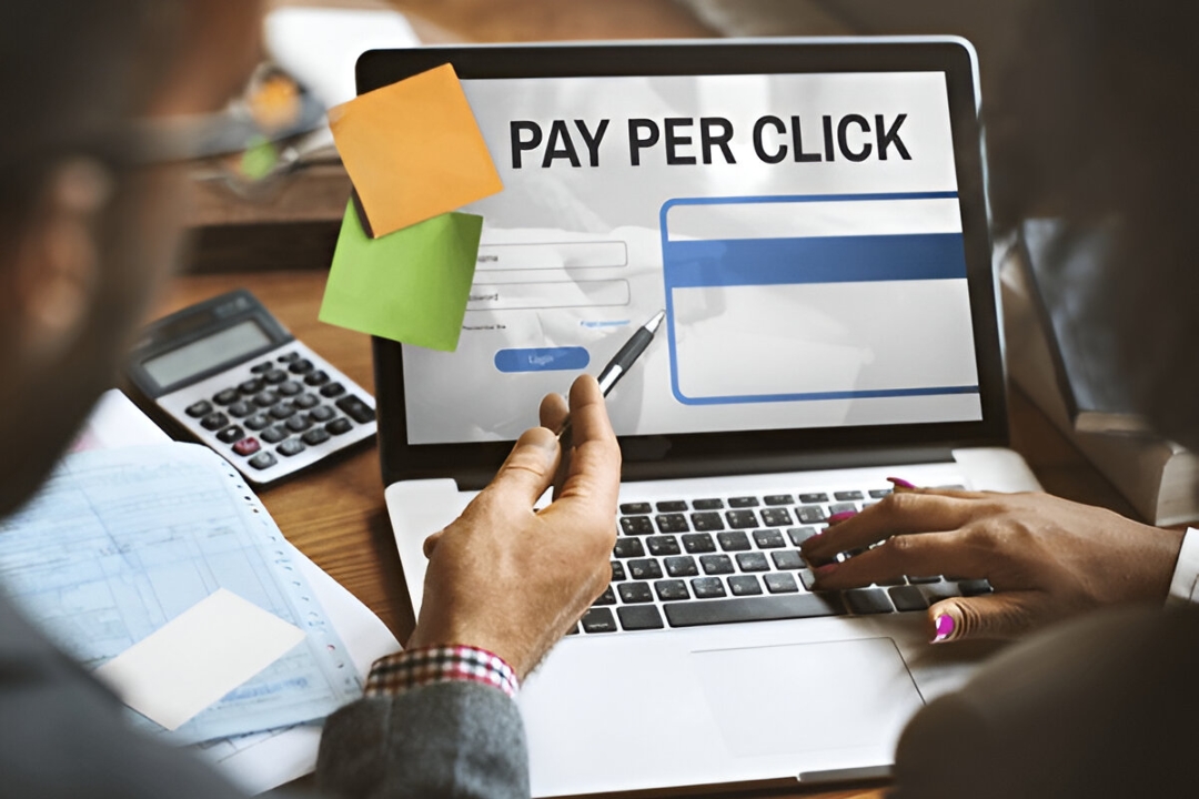 Two people look at a laptop displaying "PAY PER CLICK," suggesting digital marketing tips for property flippers, provided by AMPLIFIREI.