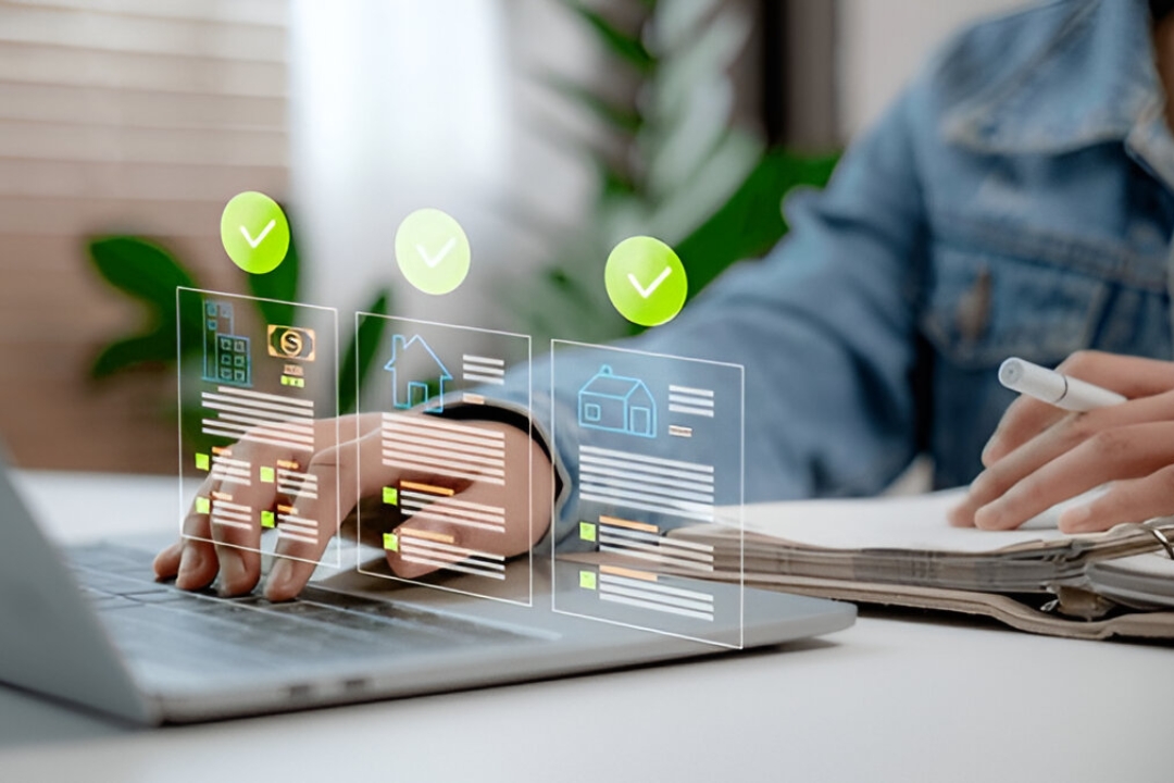 Person typing on laptop with digital home icons, automating property follow-up sequences for real estate by AMPLIFIREI. Person typing on laptop with digital home icons, automating property follow-up sequences for real estate by AMPLIFIREI.
