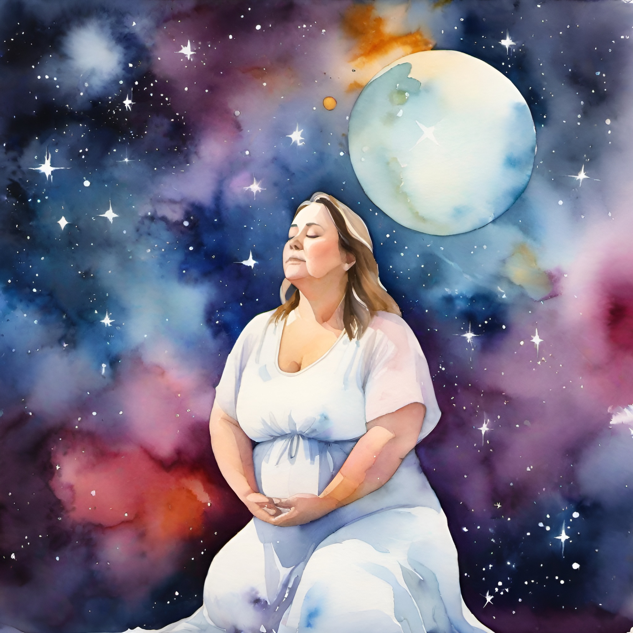 watercolour-like rendition of a full-bodied woman in white clothing meditating 