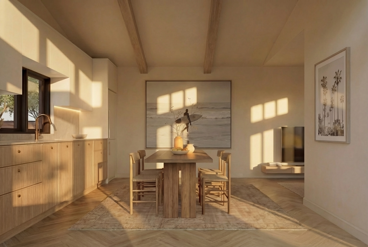 Signature ADU interior — bright, airy living with refined finishes