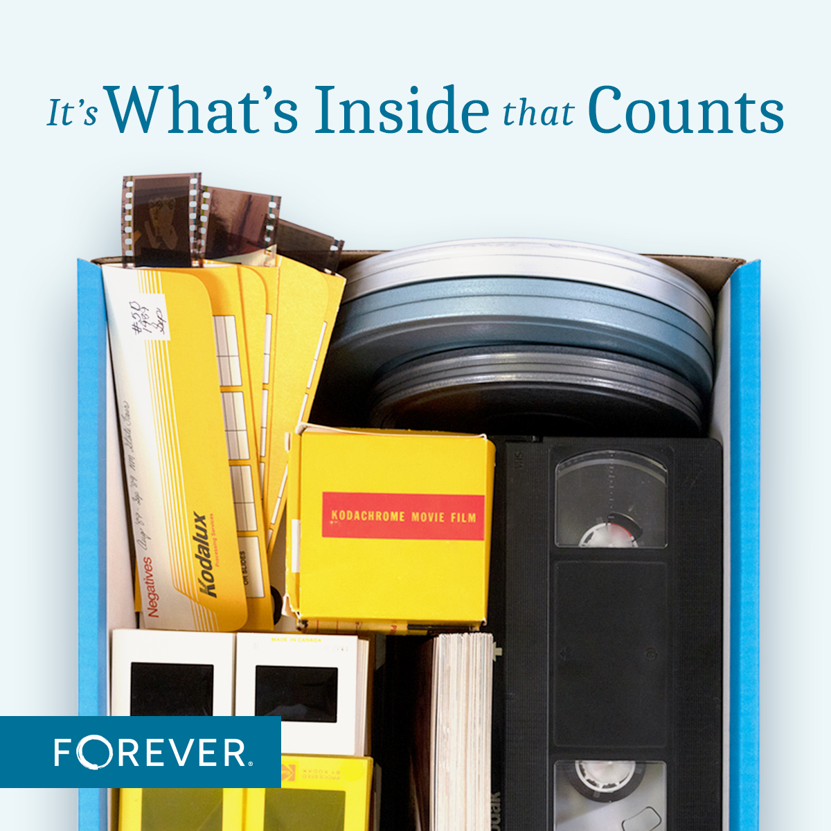 Box filled with old film reels, VHS tapes, slides, and negatives, symbolizing family memories ready for digitization. Text reads 'It's What's Inside that Counts' with the FOREVER logo.