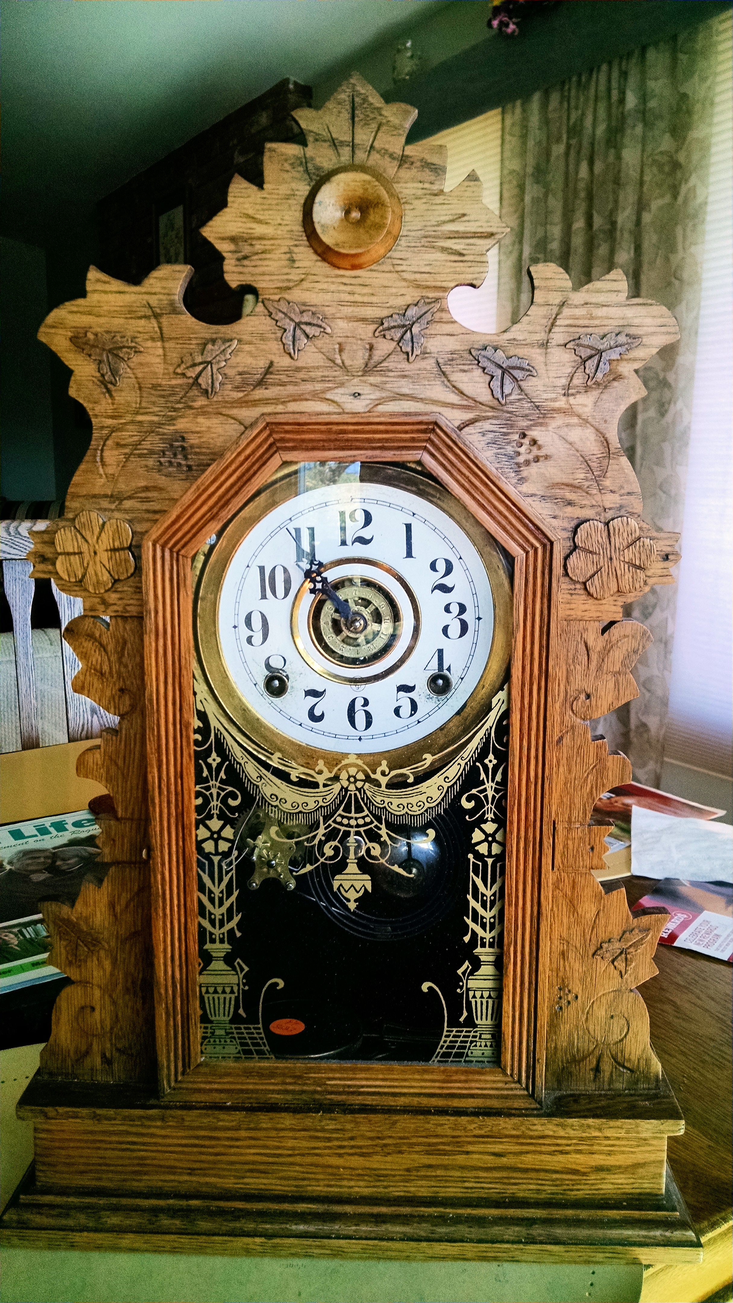 This clock is a special family heirloom.  The Silers brought it with them from Oklahoma when the moved to California.  It was a prized possession that has been passed down.  On the back it says Purchased 2/1892.  Skye Cranor currently has it.