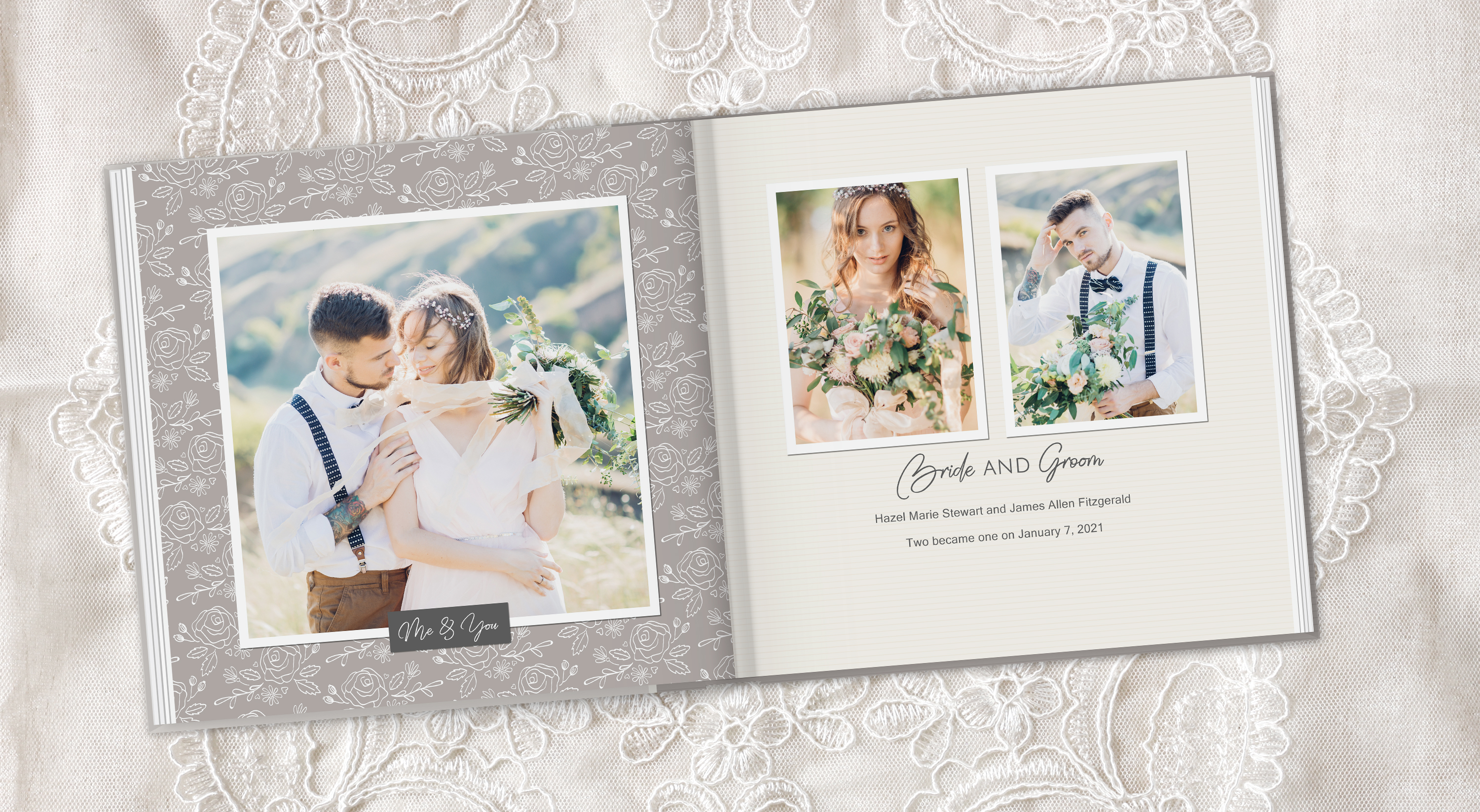 An elegant wedding photo book is open on delicate lace fabric, displaying a beautifully designed layout with soft, romantic tones. The left page features a newlywed couple embracing outdoors, with floral patterns framing the image. The right page showcases individual portraits of the bride holding a bouquet and the groom adjusting his bow tie, accompanied by elegant script text with their names and wedding date. The scene exudes timeless love and memory preservation.