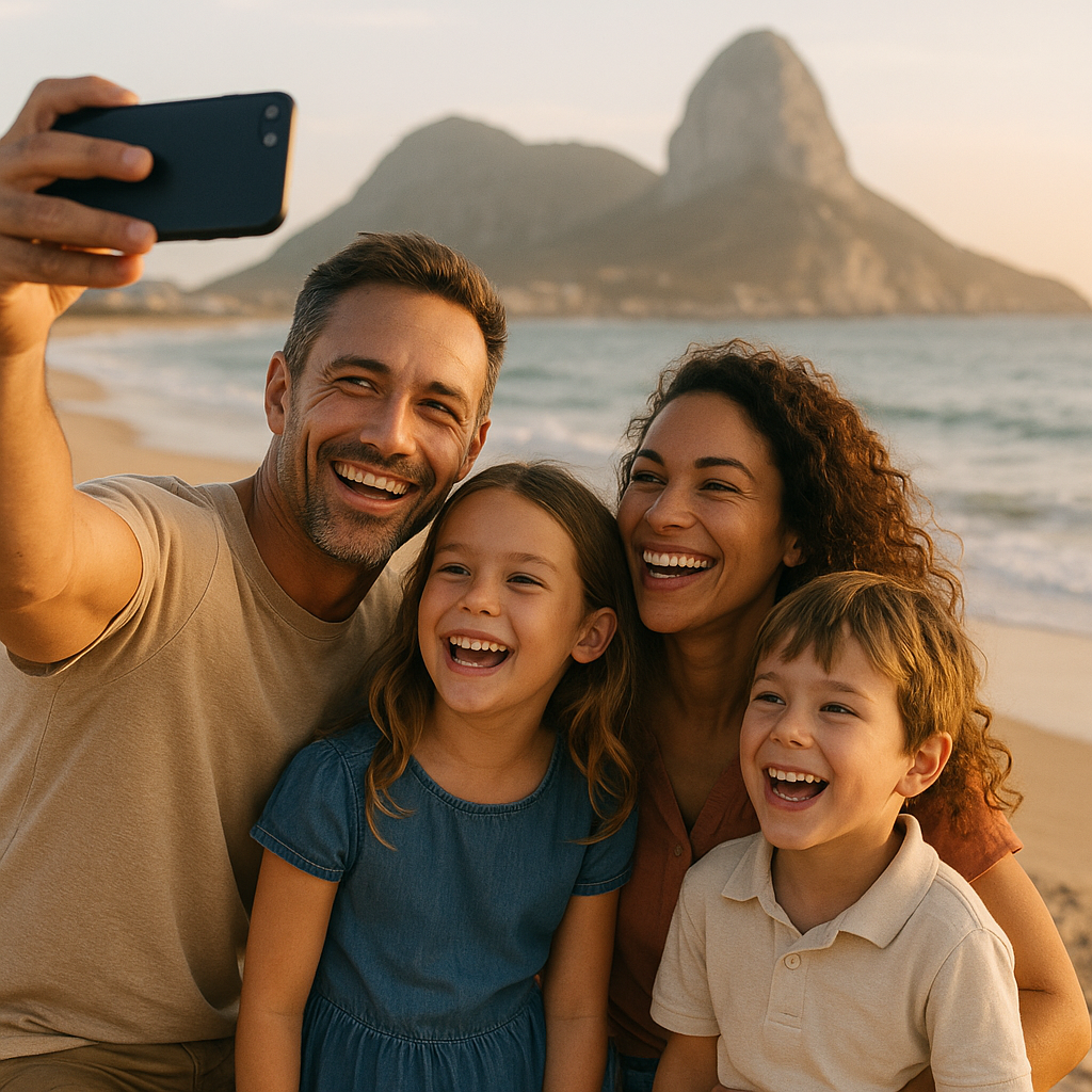 A smiling family of four—father, mother, daughter, and son—takes a selfie together at a scenic beach during golden hour, with gentle waves and a rocky landmark visible in the background. A smiling family of four—father, mother, daughter, and son—takes a selfie together at a scenic beach during golden hour, with gentle waves and a rocky landmark visible in the background.