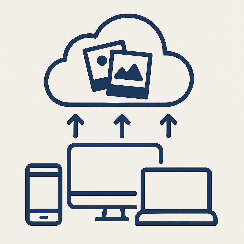 Flat-style vector illustration showing a cloud icon with two photo images inside it. Three upward arrows connect the cloud to a smartphone, a desktop computer, and a laptop below, representing uploading photos to cloud storage. Flat-style vector illustration showing a cloud icon with two photo images inside it. Three upward arrows connect the cloud to a smartphone, a desktop computer, and a laptop below, representing uploading photos to cloud storage.