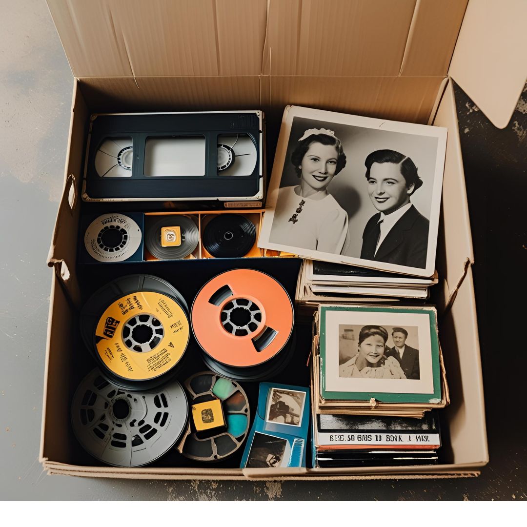 An open cardboard box filled with assorted analog media, including large film reels in black, yellow, and orange, a VHS tape, several smaller reel-to-reel tapes, photo slides, and two black-and-white vintage photographs of smiling couples in formal attire. The box rests on a gray surface.