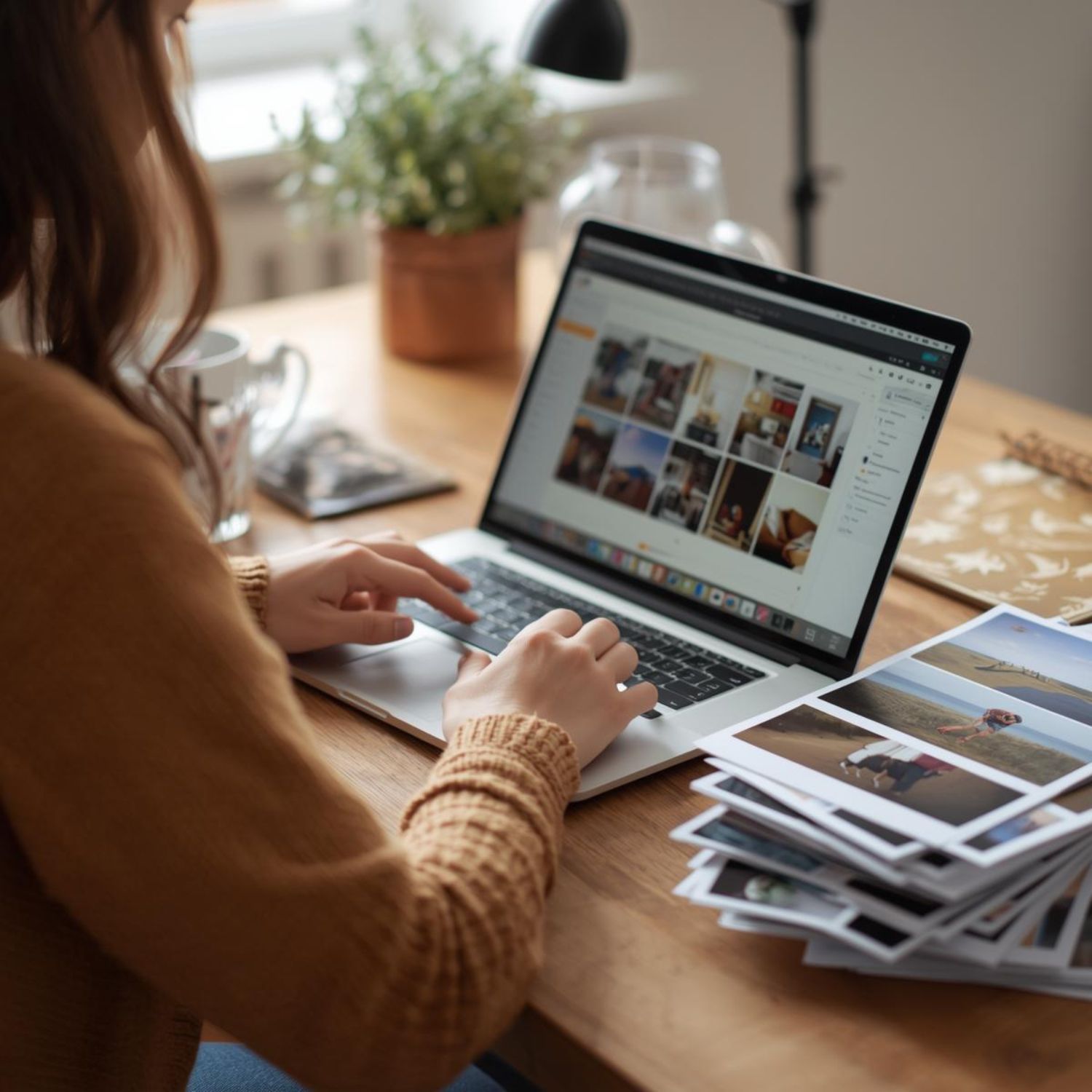 Person organizing digital photos on a laptop with printed photos nearby, showing a calm and realistic approach to photo organization.