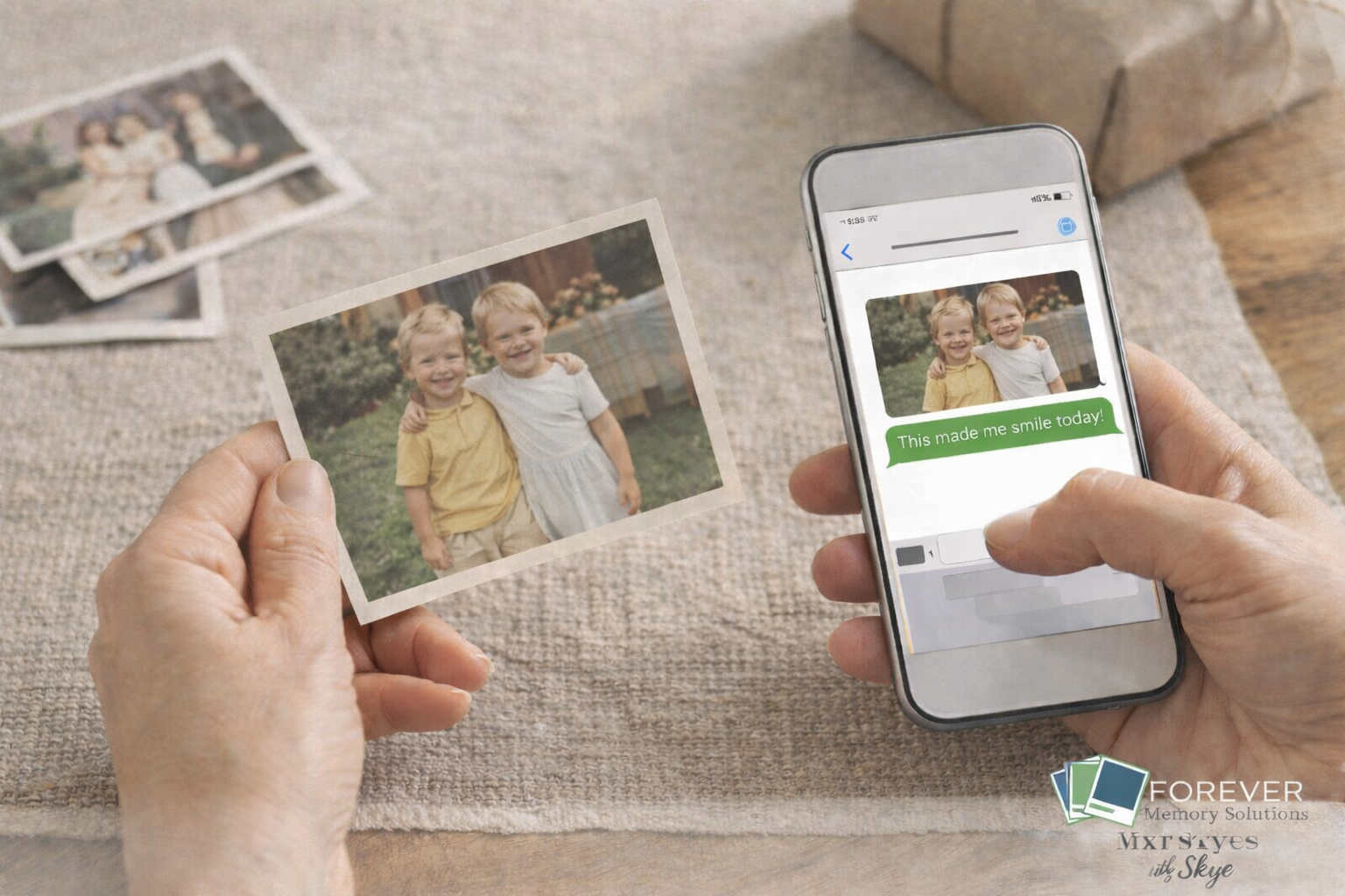 A person holds a printed photo of two children while sending the same photo in a text message on a smartphone, illustrating a simple act of kindness through sharing memories. A person holds a printed photo of two children while sending the same photo in a text message on a smartphone, illustrating a simple act of kindness through sharing memories.