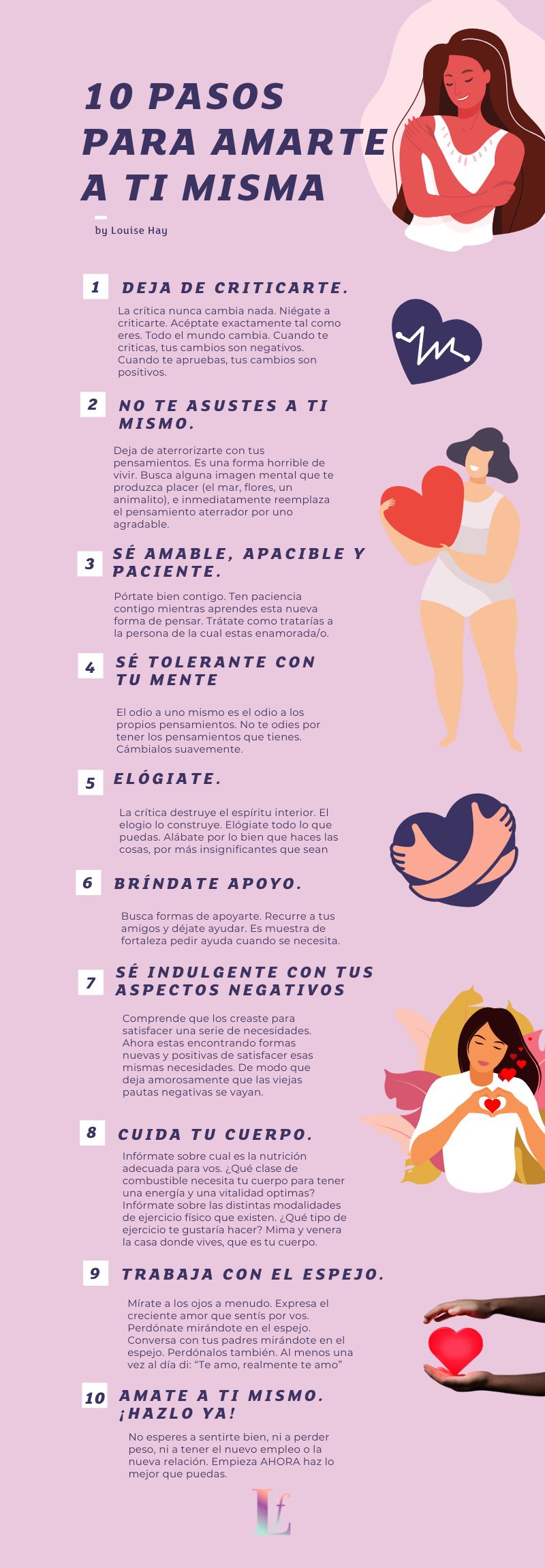 "Infografía con 10 pasos para amarte a ti misma según Louise Hay, con ilustraciones femeninas." "Infografía con 10 pasos para amarte a ti misma según Louise Hay, con ilustraciones femeninas."