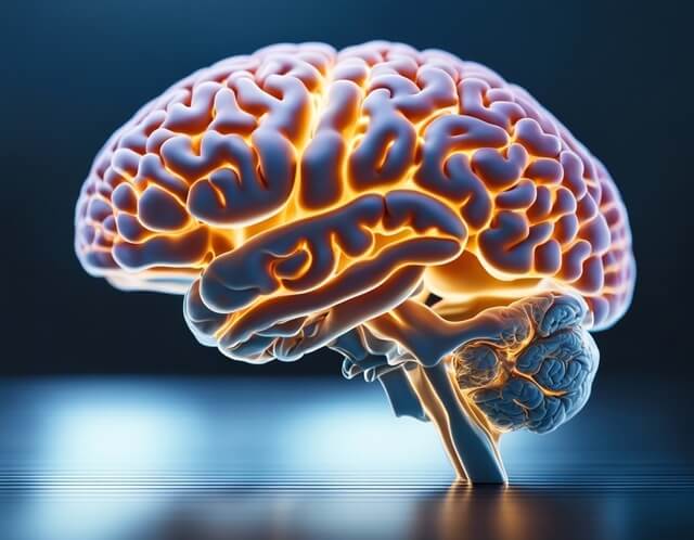 A highly detailed 3D rendering of a human brain illuminated with glowing neural pathways in warm hues of orange and yellow, set against a dark background, symbolizing intelligence and innovation. A highly detailed 3D rendering of a human brain illuminated with glowing neural pathways in warm hues of orange and yellow, set against a dark background, symbolizing intelligence and innovation.
