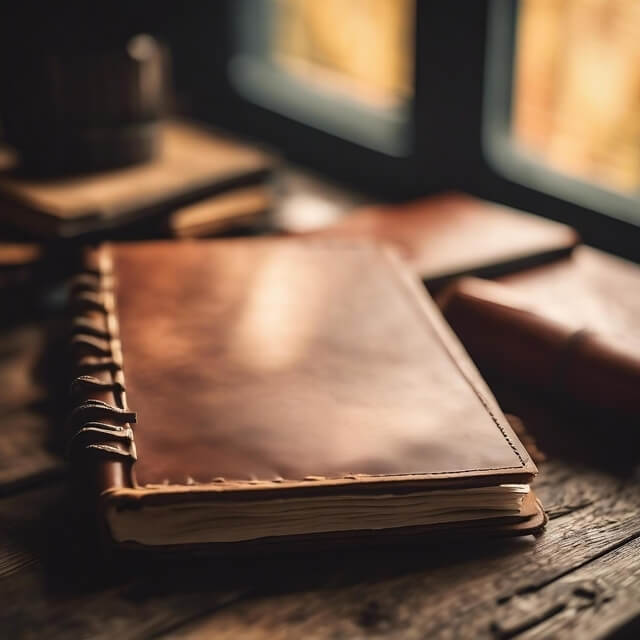 A rustic leather-bound journal placed on a wooden table, surrounded by soft, warm lighting from a nearby window, evoking a sense of nostalgia and creativity. A rustic leather-bound journal placed on a wooden table, surrounded by soft, warm lighting from a nearby window, evoking a sense of nostalgia and creativity.