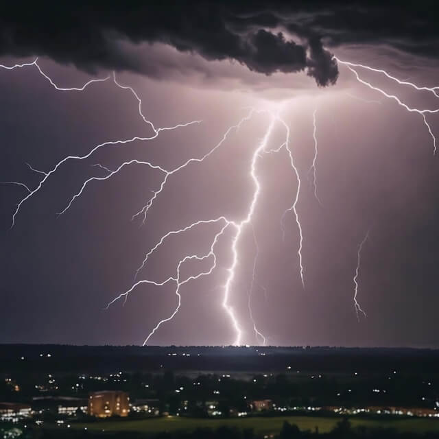 A dramatic nighttime scene of a powerful lightning strike illuminating the sky, with jagged bolts branching across dark storm clouds. Below, the lights of a distant town are visible, creating a striking contrast between nature's power and urban calm. A dramatic nighttime scene of a powerful lightning strike illuminating the sky, with jagged bolts branching across dark storm clouds. Below, the lights of a distant town are visible, creating a striking contrast between nature's power and urban calm.