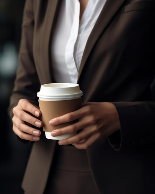 A professional woman dressed in a brown suit holding a disposable coffee cup with a white lid, symbolizing a moment of focus and energy during a busy day. The blurred background enhances the subject's elegance and poise.