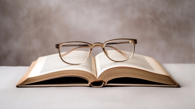 An open book with a pair of eyeglasses resting on top, set against a neutral background. This image conveys themes of knowledge, reading, and intellectual focus.