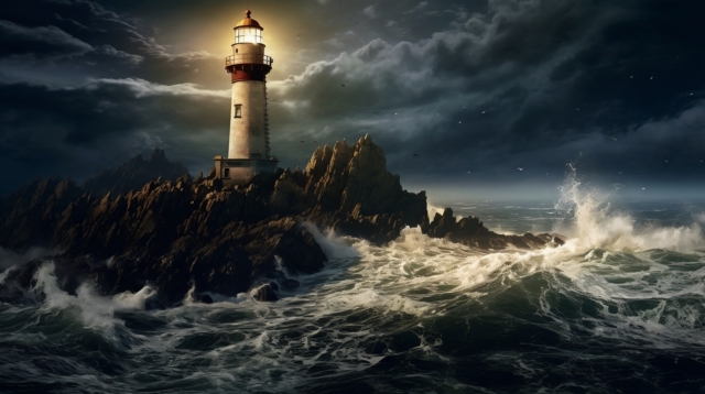 A dramatic image of a lighthouse standing tall on a rocky outcrop, surrounded by crashing waves under a dark, stormy sky. The beacon emits a warm glow, contrasting with the turbulent ocean and ominous clouds, symbolizing guidance and hope amidst adversity.