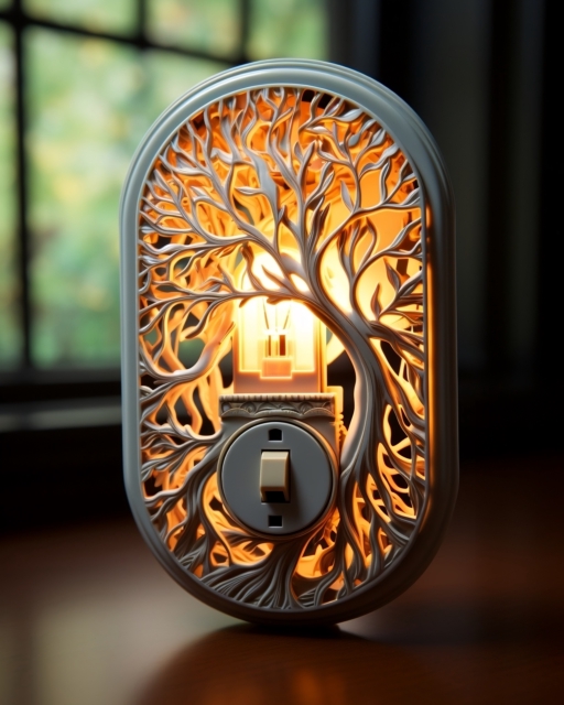 A decorative night light with an intricate tree design, emitting a warm glow. The light is plugged into a wall outlet, with its branches forming an artistic silhouette around the bulb. The background features a softly blurred window, adding to the cozy and ambient atmosphere.