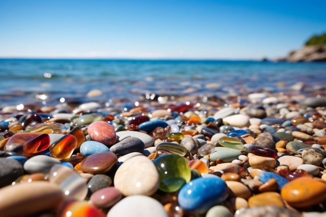 A close-up of colorful, smooth pebbles on a beach with the ocean and a clear blue sky in the background. The pebbles glisten under the sunlight, reflecting shades of red, blue, green, and brown, creating a vibrant and serene coastal scene.