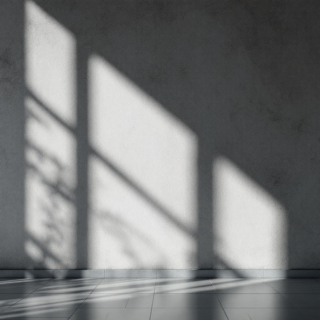 A minimalist photograph capturing the soft, angular shadows of a window cast on a plain, textured wall. The interplay of light and shadow creates a serene, almost abstract composition, with faint silhouettes of leaves adding a touch of nature. The tiled floor reflects the patterns, enhancing the depth and contrast in the image.